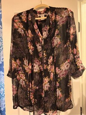 American Rag Black Sheer Floral Button-Front Blouse